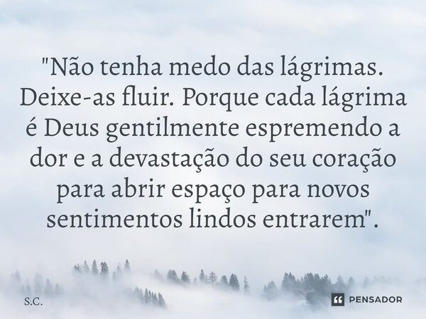 ⁠"Não tenha medo das lágrimas. Deixe-as fluir. Porque cada lágrima é Deus gentilmente espremendo a dor e a devastação do seu coração para abrir espaço para... Frase de S.C..