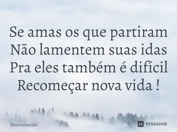 ⁠Se amas os que partiram
Não lamentem suas idas
Pra eles também é difícil
Recomeçar nova vida !