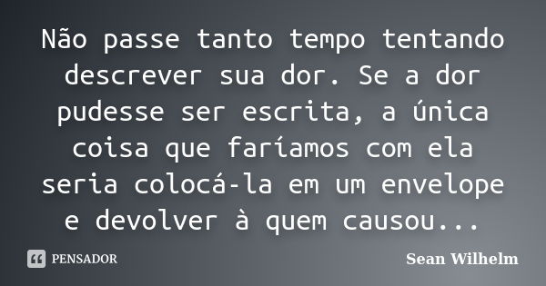 Não passe tanto tempo tentando descrever sua dor. Se a dor pudesse ser escrita, a única coisa que faríamos com ela seria colocá-la em um envelope e devolver à q... Frase de Sean Wilhelm.