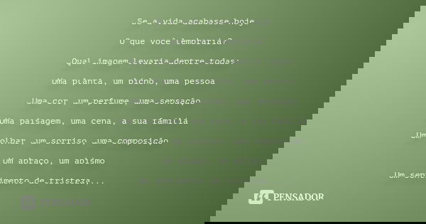 Se a vida acabasse hoje O que você lembraria? Qual imagem levaria dentre todas: Uma planta, um bicho, uma pessoa Uma cor, um perfume, uma sensação Uma paisagem,