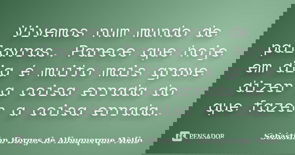 Vivemos num mundo de palavras. Parece que hoje em dia é muito mais grave dizer a coisa errada do que fazer a coisa errada.... Frase de Sebastian Borges de Albuquerque Mello.
