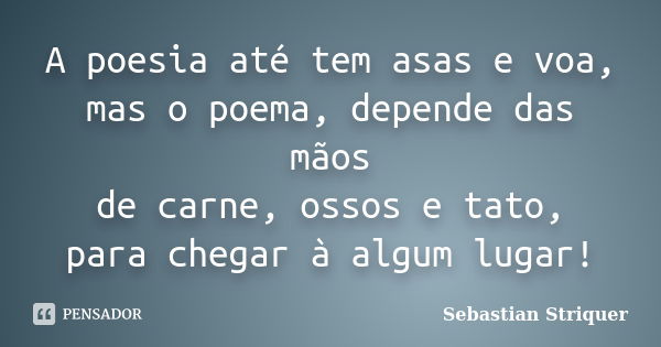 A poesia até tem asas e voa, mas o poema, depende das mãos de carne, ossos e tato, para chegar à algum lugar!... Frase de Sebastian Striquer.