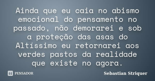 Ainda que eu caia no abismo emocional do pensamento no passado, não demorarei e sob a proteção das asas do Altíssimo eu retornarei aos verdes pastos da realidad... Frase de Sebastian Striquer.