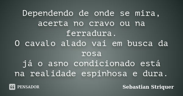 Dependendo de onde se mira, acerta no cravo ou na ferradura. O cavalo alado vai em busca da rosa já o asno condicionado está na realidade espinhosa e dura.... Frase de Sebastian Striquer.