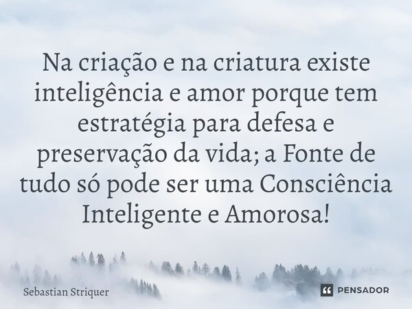Na criação e na criatura existe inteligência e amor porque tem estratégia ⁠para defesa e preservação da vida; a Fonte de tudo só pode ser uma Consciência Inteli... Frase de Sebastian Striquer.