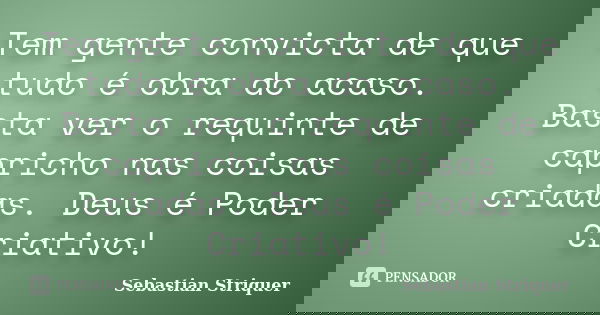 Tem gente convicta de que tudo é obra do acaso. Basta ver o requinte de capricho nas coisas criadas. Deus é Poder Criativo!... Frase de Sebastian Striquer.