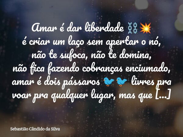 Amar é dar liberdade ⛓️💥 é criar um laço sem apertar o nó, não te sufoca, não te domina, não fica fazendo cobranças enciumado, amar é doispássaros 🐦🐦 livres pr... Frase de Sebastião Cândido da Silva.