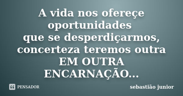 A vida nos ofereçe oportunidades que se desperdiçarmos, concerteza teremos outra EM OUTRA ENCARNAÇÃO...... Frase de sebastião junior.