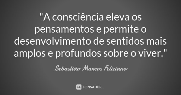 "A consciência eleva os pensamentos e permite o desenvolvimento de sentidos mais amplos e profundos sobre o viver."... Frase de Sebastião Marcos Feliciano.