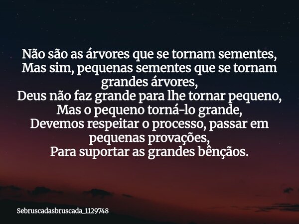 Não são as árvores que se tornam sementes, Mas sim, pequenas sementes que se tornam grandes árvores, Deus não faz grande para lhe tornar pequeno, Mas o pequeno ... Frase de sebruscadasbruscada_1129748.