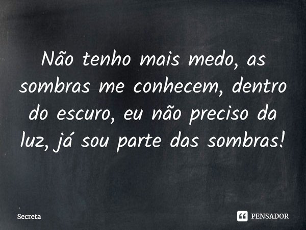 ⁠Não tenho mais medo, as sombras me conhecem, dentro do escuro, eu não preciso da luz, já sou parte das sombras!... Frase de Secreta.