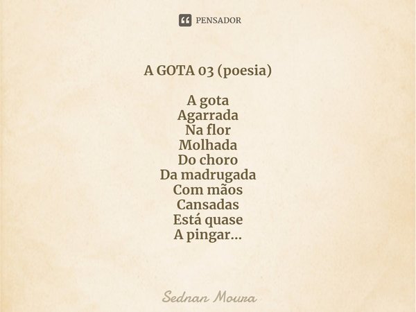 ⁠A GOTA 03 (poesia) A gota
Agarrada
Na flor
Molhada
Do choro
Da madrugada
Com mãos
Cansadas
Está quase
A pingar...... Frase de Sednan Moura.
