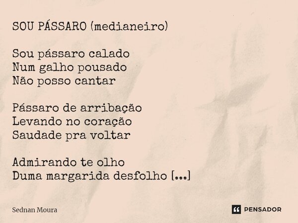 ⁠SOU PÁSSARO (medianeiro) Sou pássaro calado Num galho pousado Não posso cantar Pássaro de arribação Levando no coração Saudade pra voltar Admirando te olho Dum... Frase de Sednan Moura.