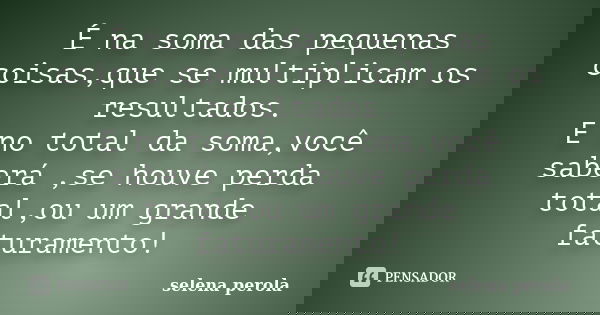 É na soma das pequenas coisas,que se multiplicam os resultados. E no total da soma,você saberá ,se houve perda total,ou um grande faturamento!... Frase de SELENA PEROLA.
