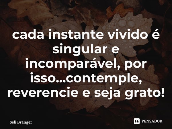 ⁠cada instante vivido é singular e incomparável, por isso...contemple, reverencie e seja grato!... Frase de Seli Branger.