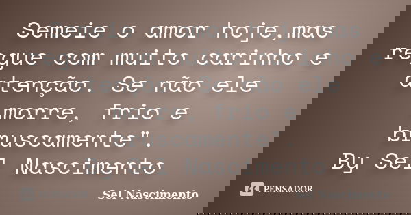 Semeie o amor hoje,mas regue com muito carinho e atenção. Se não ele morre, frio e bruscamente". By Sel Nascimento... Frase de Sel Nascimento.
