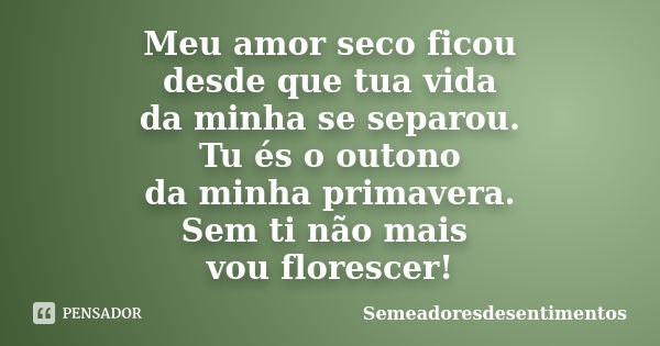 Meu amor seco ficou desde que tua vida da minha se separou. Tu és o outono da minha primavera. Sem ti não mais vou florescer!... Frase de Semeadoresdesentimentos.