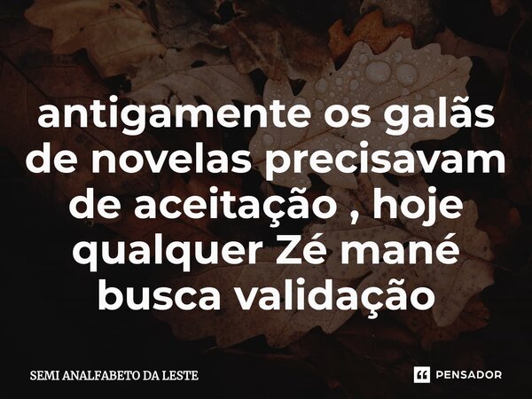 ⁠antigamente os galãs de novelas precisavam de aceitação , hoje qualquer Zé mané busca validação... Frase de SEMI ANALFABETO DA LESTE.