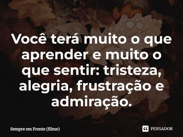 ⁠Você terá muito o que aprender e muito o que sentir: tristeza, alegria, frustração e admiração.... Frase de Sempre em Frente (filme).