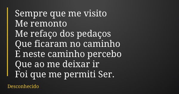Sempre que me visito Me remonto Me refaço dos pedaços Que ficaram no caminho E neste caminho percebo Que ao me deixar ir Foi que me permiti Ser.