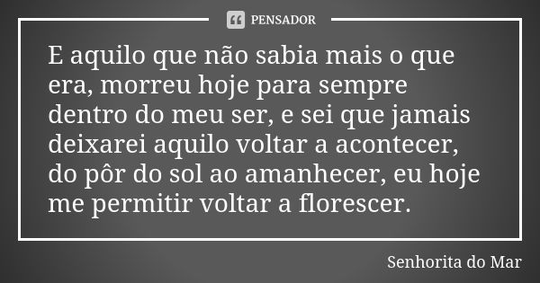 E aquilo que não sabia mais o que era, morreu hoje para sempre dentro do meu ser, e sei que jamais deixarei aquilo voltar a acontecer, do pôr do sol ao amanhece... Frase de Senhorita do Mar.