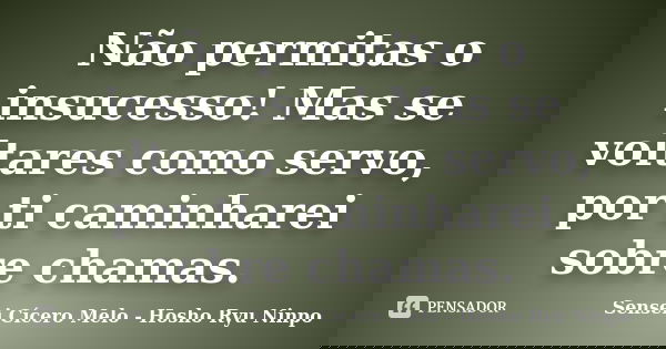 Não permitas o insucesso! Mas se voltares como servo, por ti caminharei sobre chamas.... Frase de Sensei Cícero Melo  Hosho Ryu Ninpo.