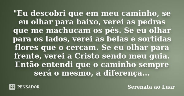 "Eu descobri que em meu caminho, se eu olhar para baixo, verei as pedras que me machucam os pés. Se eu olhar para os lados, verei as belas e sortidas flore... Frase de Serenata ao Luar.