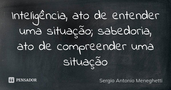 Inteligência, ato de entender uma situação; sabedoria, ato de compreender uma situação... Frase de Sergio Antonio Meneghetti.