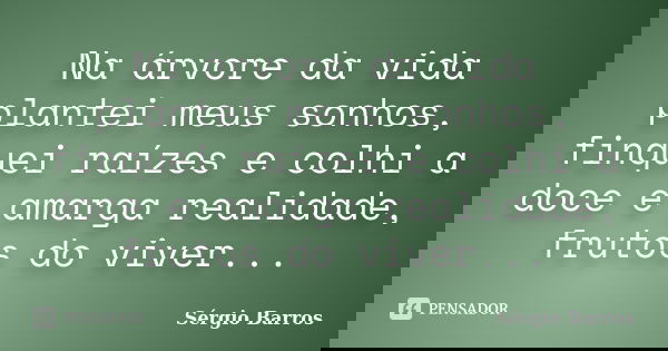 Na árvore da vida plantei meus sonhos, finquei raízes e colhi a doce e amarga realidade, frutos do viver...... Frase de Sérgio Barros.