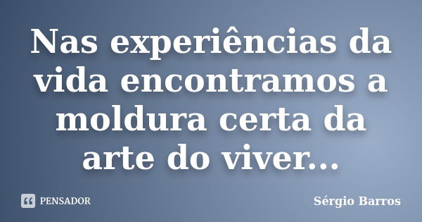 Nas experiências da vida encontramos a moldura certa da arte do viver...... Frase de Sérgio Barros.