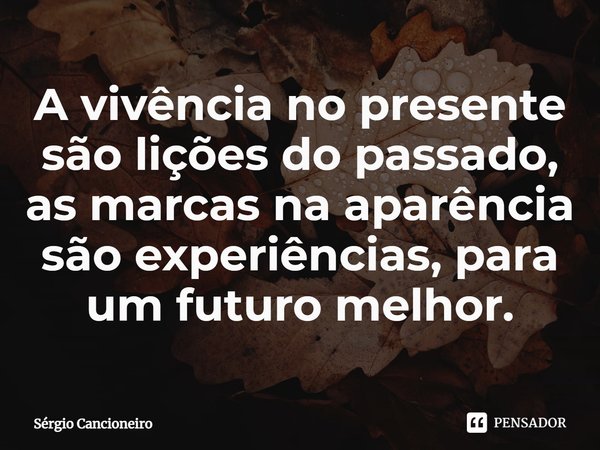 ⁠A vivência no presente são lições do passado, as marcas na aparência são experiências, para um futuro melhor.... Frase de Sérgio Cancioneiro.