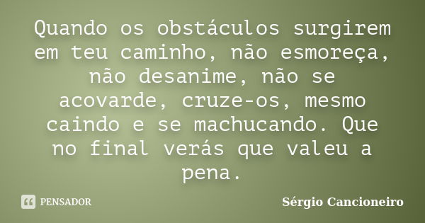 Quando os obstáculos surgirem em teu caminho, não esmoreça, não desanime, não se acovarde, cruze-os, mesmo caindo e se machucando. Que no final verás que valeu ... Frase de Sérgio Cancioneiro.