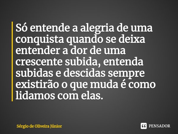 Só entende a alegria de uma conquista quando se deixa entender a dor de uma crescente subida, entenda subidas e descidas sempre existirão o que muda é como lida... Frase de Sérgio de Oliveira Júnior.