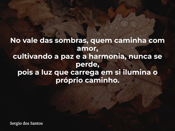 No vale das sombras, quem caminha com amor, cultivando a paz e a harmonia, nunca se perde, pois a luz que carrega em si ilumina o próprio caminho.... Frase de Sergio dos Santos.