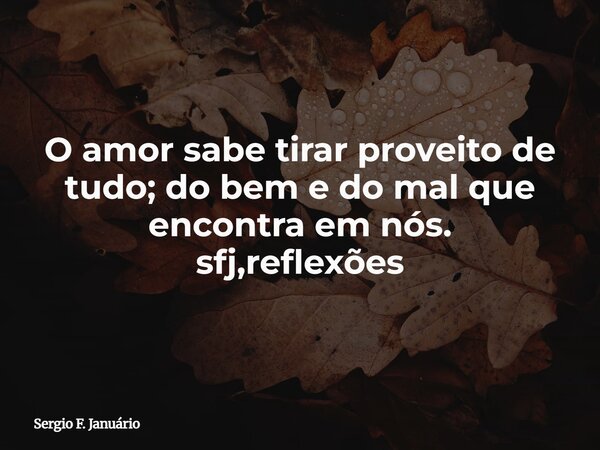 O amor sabe tirar proveito de tudo; do bem e do mal que encontra em nós. sfj,reflexões⁠... Frase de Sergio F. Januário.