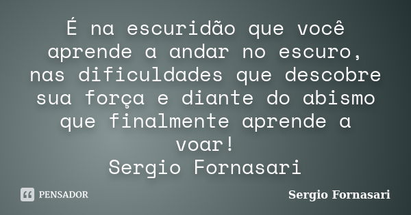 É na escuridão que você aprende a andar no escuro, nas dificuldades que descobre sua força e diante do abismo que finalmente aprende a voar! Sergio Fornasari... Frase de Sergio Fornasari.