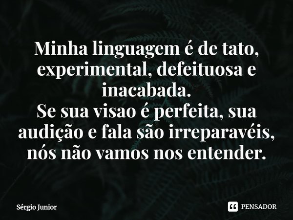 ⁠⁠Minha linguagem é de tato, experimental, defeituosa e inacabada.
Se sua visao é perfeita, sua audição e fala são irreparavéis, nós não vamos nos entender.... Frase de Sérgio Júnior.