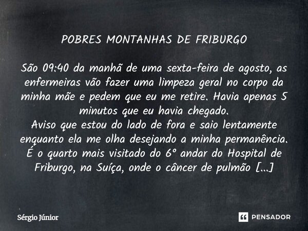 POBRES MONTANHAS DE FRIBURGO São 09:40 da manhã de uma sexta-feira de agosto, as enfermeiras vão fazer uma limpeza geral no corpo da minha mãe e pedem que eu me... Frase de Sergio Junior.