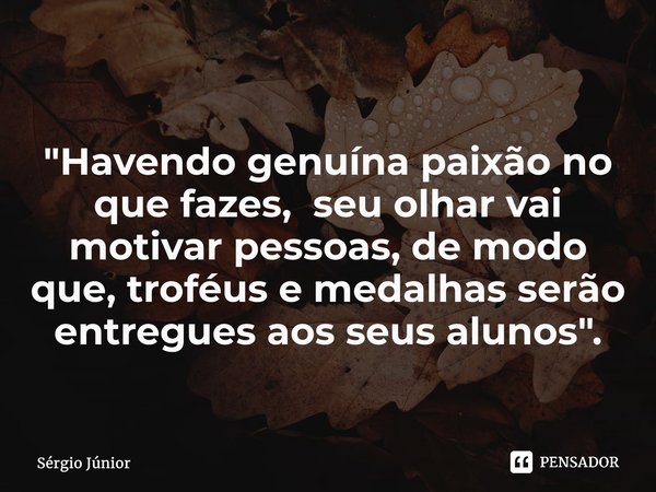⁠"Havendo genuína paixão no que fazes, seu olhar vai motivar pessoas, de modo que, troféus e medalhas serão entregues aos seus alunos".... Frase de Sérgio Júnior.