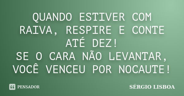 QUANDO ESTIVER COM RAIVA, RESPIRE E CONTE ATÉ DEZ! SE O CARA NÃO LEVANTAR, VOCÊ VENCEU POR NOCAUTE!... Frase de SÉRGIO LISBOA.