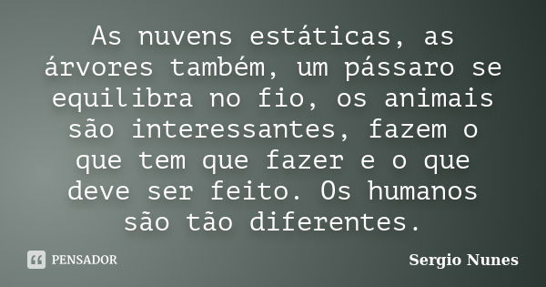 As nuvens estáticas, as árvores também, um pássaro se equilibra no fio, os animais são interessantes, fazem o que tem que fazer e o que deve ser feito. Os human... Frase de Sergio Nunes.