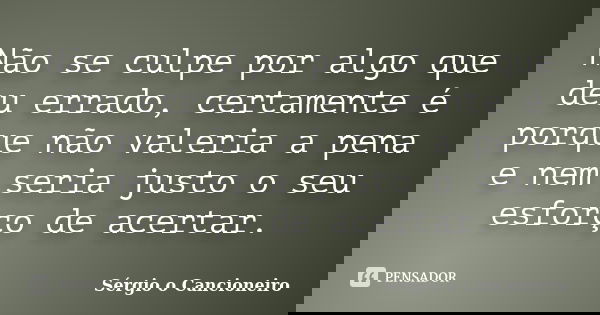 Não se culpe por algo que deu errado, certamente é porque não valeria a pena e nem seria justo o seu esforço de acertar.... Frase de Sérgio o Cancioneiro.