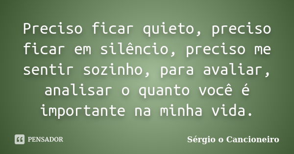 Preciso ficar quieto, preciso ficar em silêncio, preciso me sentir sozinho, para avaliar, analisar o quanto você é importante na minha vida.... Frase de Sérgio o Cancioneiro.