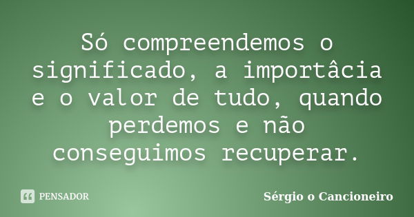 Só compreendemos o significado, a importâcia e o valor de tudo, quando perdemos e não conseguimos recuperar.... Frase de Sérgio o Cancioneiro.