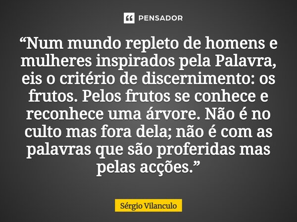 “Num mundo repleto de homens e mulheres inspirados pela Palavra, eis o critério de discernimento: os frutos. Pelos frutos se conhece e reconhece uma árvore. Nã... Frase de Sérgio Vilanculo.
