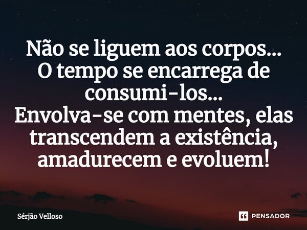 ⁠Não se liguem aos corpos... O tempo se encarrega de consumi-los... Envolva-se com mentes, elas transcendem a existência, amadurecem e evoluem!... Frase de Sérjão Velloso.