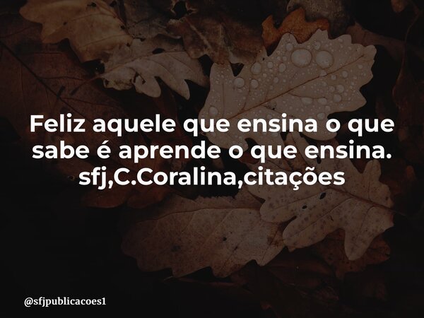 ⁠Feliz aquele que ensina o que sabe é aprende o que ensina. sfj,C.Coralina,citações... Frase de sfjpublicacoes1.