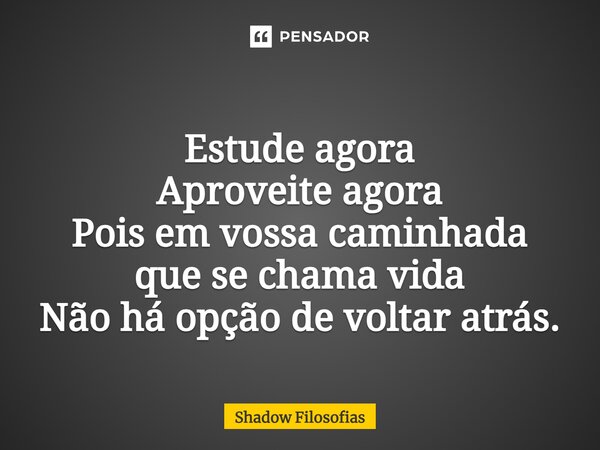 ⁠Estude agora Aproveite agora Pois em vossa caminhada que se chama vida Não há opção de voltar atrás.... Frase de Shadow Filosofias.