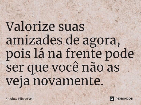 Valorize suas amizades de agora, pois lá na frente pode ser que você não as veja novamente.... Frase de Shadow Filosofias.