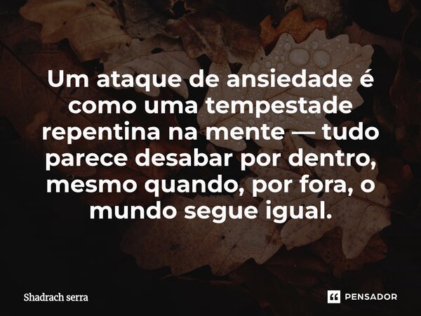 ⁠Um ataque de ansiedade é como uma tempestade repentina na mente — tudo parece desabar por dentro, mesmo quando, por fora, o mundo segue igual.... Frase de Shadrach serra.